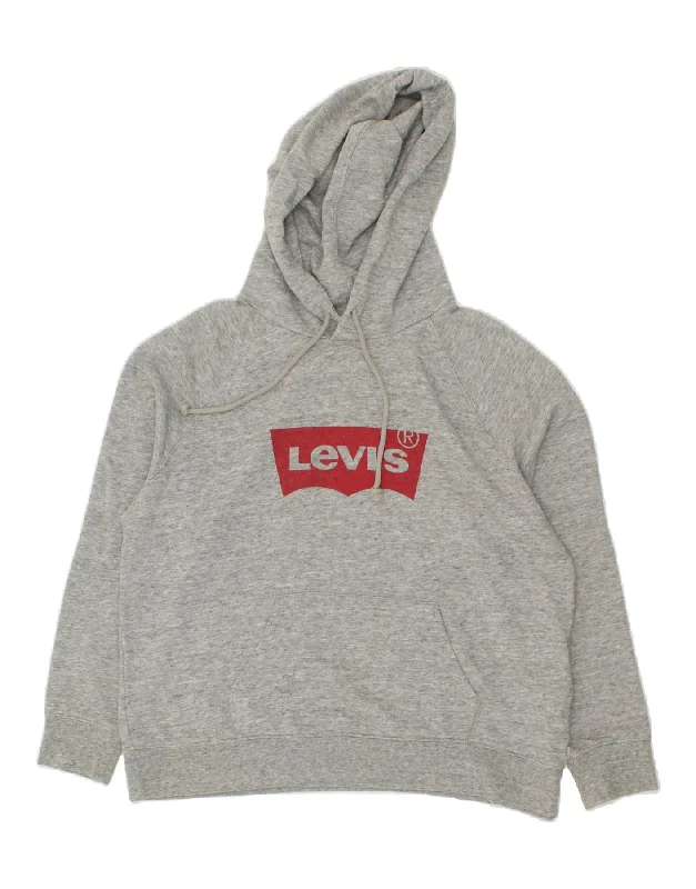 LEVI'S Womens Graphic Hoodie Jumper UK 18 XL Grey Flecked Cotton Hoodie with Turtle Neck Cozy Winter