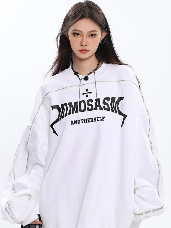 MIMOSASM Graphic Letter Print Solid Color Patchwork Long Sleeve Sweatshirt Hoodie with Hem Embroidery Detailed Premium