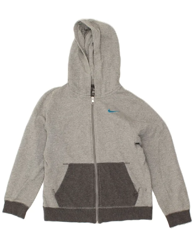 NIKE Boys Zip Hoodie Sweater 12-13 Years Large Grey Cotton Hoodie with Hem Embroidery Detailed Premium