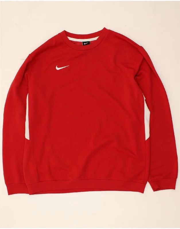 NIKE Womens Sweatshirt Jumper UK 16 Large Red Colourblock Polyester Hoodie with Hem Raw Edge Edgy Unfinished