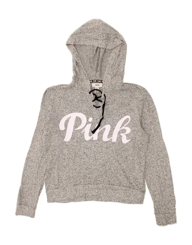 PINK Womens Crop Graphic Hoodie Jumper UK 6 XS Grey Flecked Viscose Hoodie with Longline Fit Extended Stylish