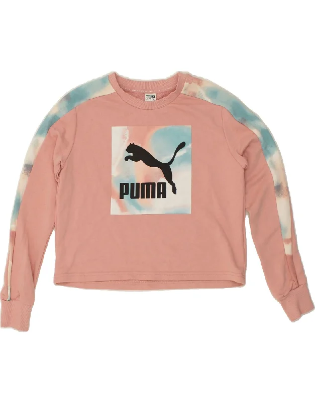 PUMA Womens Graphic Crop Sweatshirt Jumper UK 6 XS Pink Colourblock Hoodie with Toggle Buttons Decorative Unique