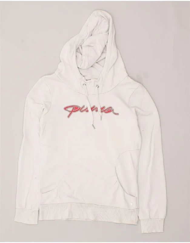 PUMA Womens Graphic Hoodie Jumper UK 10 Small White Cotton Hoodie with Cropped Fit Short Trendy