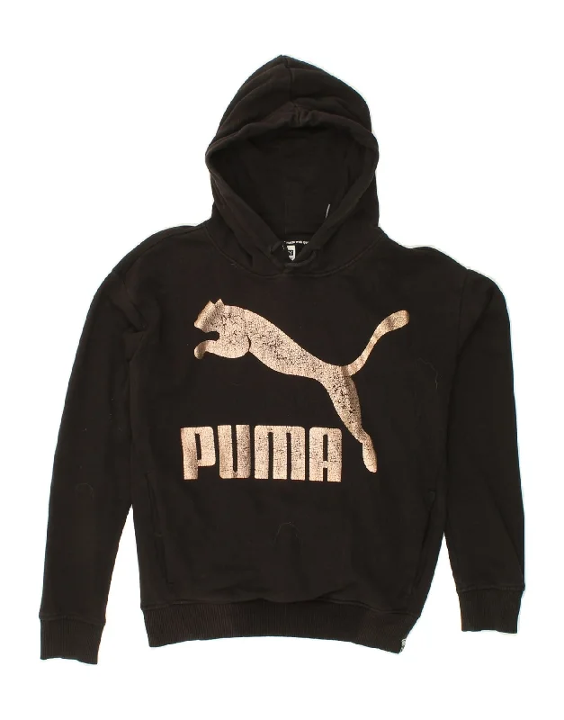 PUMA Womens Oversized Graphic Hoodie Jumper UK 10 Small  Black Cotton Hoodie with Raw Hem Edgy Unfinished