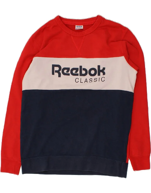 REEBOK Mens Classic Graphic Sweatshirt Jumper Large Red Colourblock Cotton Hoodie with Longline Fit Extended Stylish