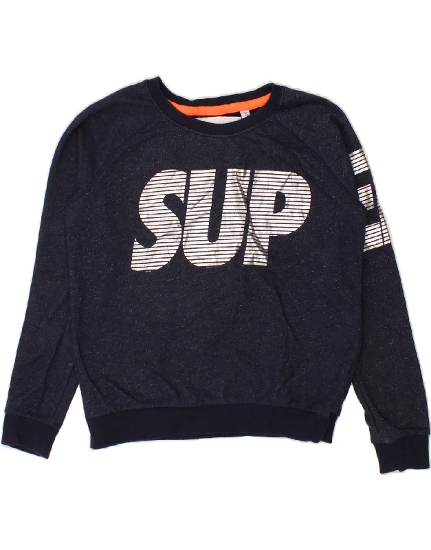 SUPERDRY Womens Graphic Crop Sweatshirt Jumper UK 10 Small Navy Blue Hoodie with Print Artistic Unique