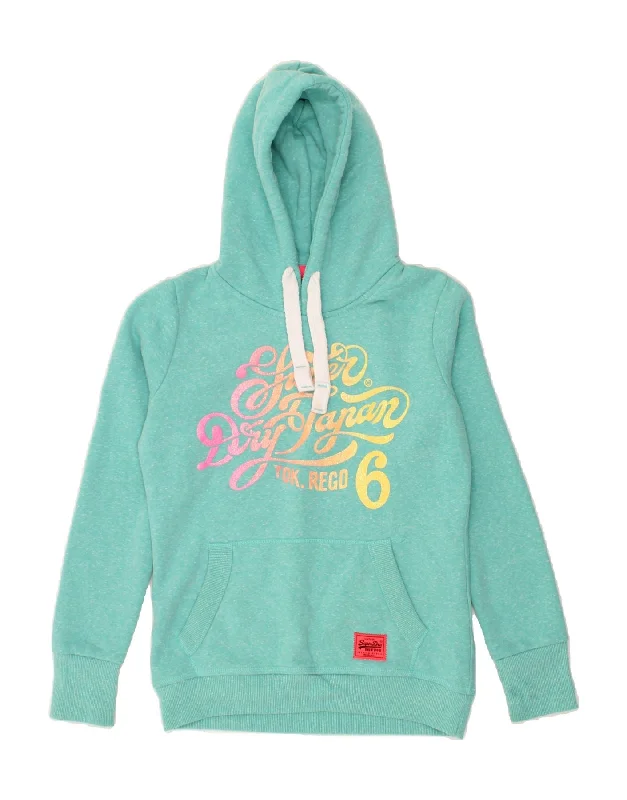 SUPERDRY Womens Graphic Hoodie Jumper UK 10 Small Turquoise Cotton Hoodie with Button Placket Classic Preppy