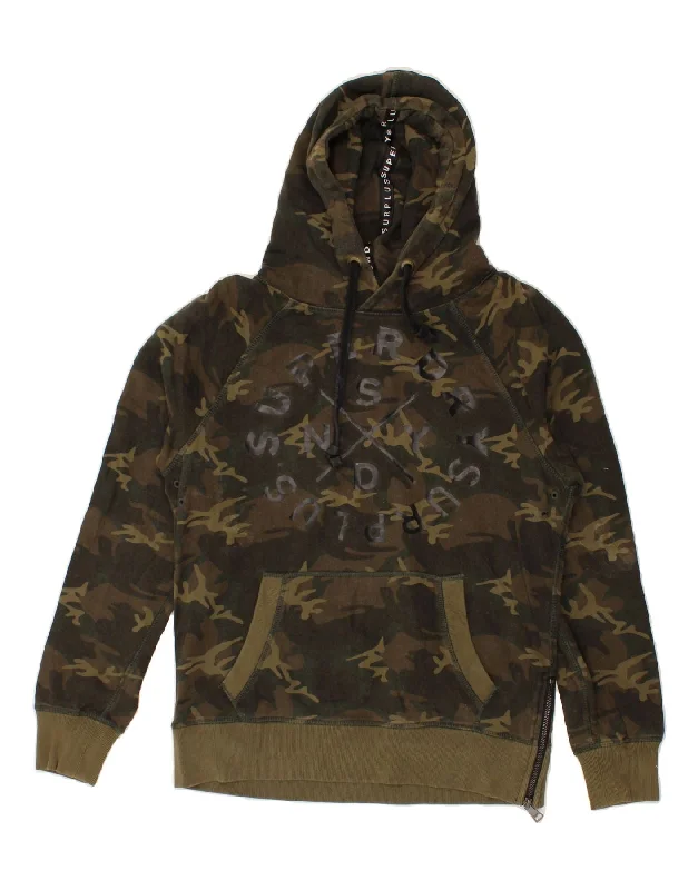 SUPERDRY Womens Graphic Hoodie Jumper UK 14 Medium Khaki Camouflage Cotton Hoodie with Button Placket Classic Preppy