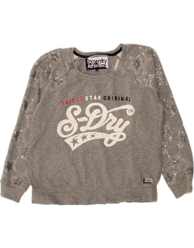 SUPERDRY Womens Graphic Sweatshirt Jumper UK 16 Large Grey Hoodie with Gradient Ombre Colorful