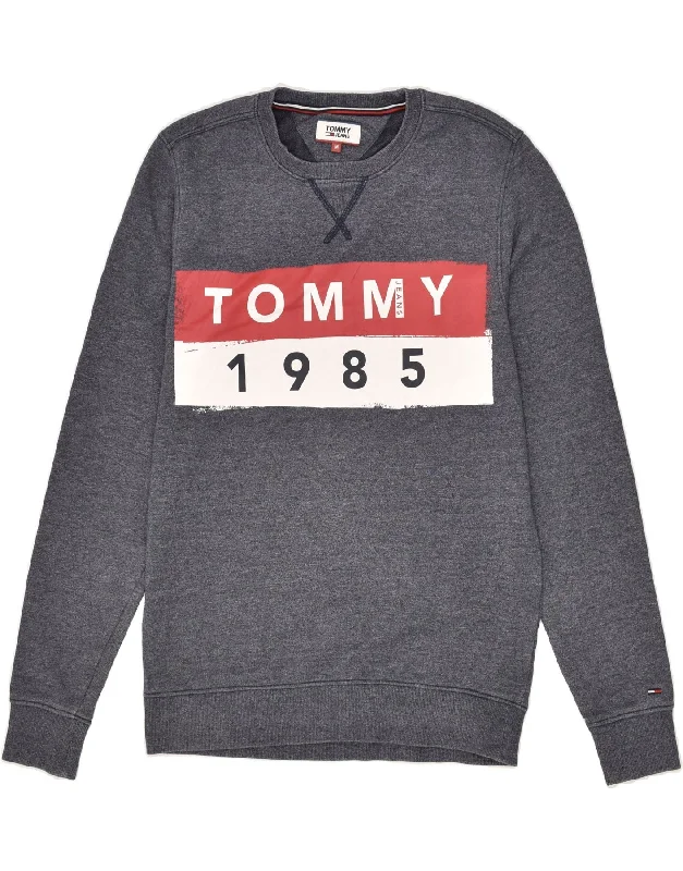 TOMMY HILFIGER Mens Graphic Sweatshirt Jumper Medium Grey Flecked Cotton Hoodie with Ribbed Hem Stretchable Secure