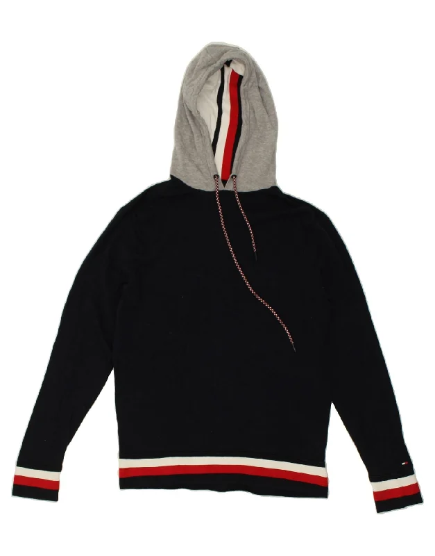 TOMMY HILFIGER Mens Hoodie Jumper Medium Navy Blue Colourblock Cotton Hoodie with Color Block Contrast Stylish