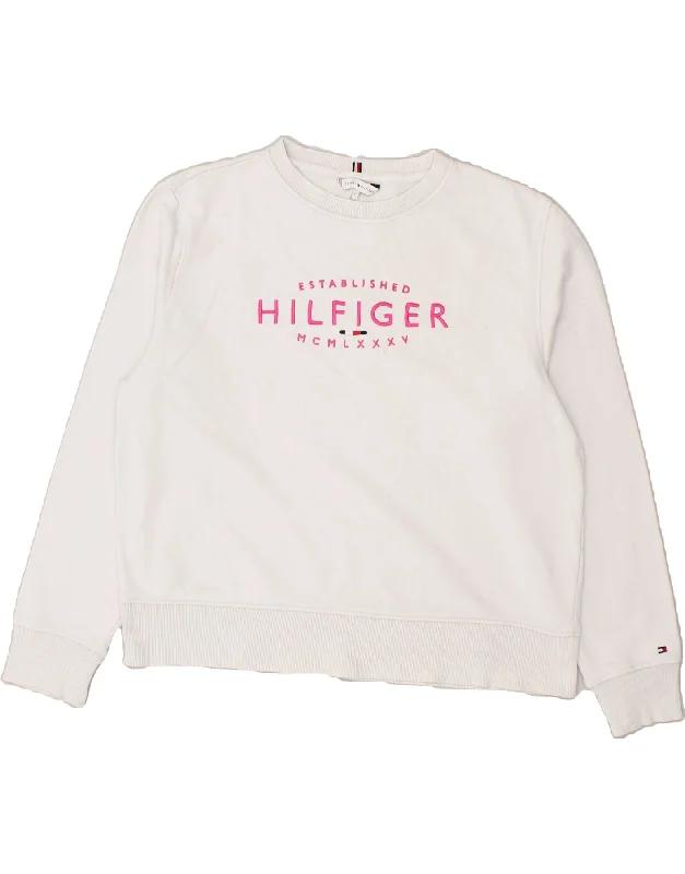 TOMMY HILFIGER Womens Graphic Crop Sweatshirt Jumper UK 16 Large White Hoodie with Exposed Zipper Edgy Industrial