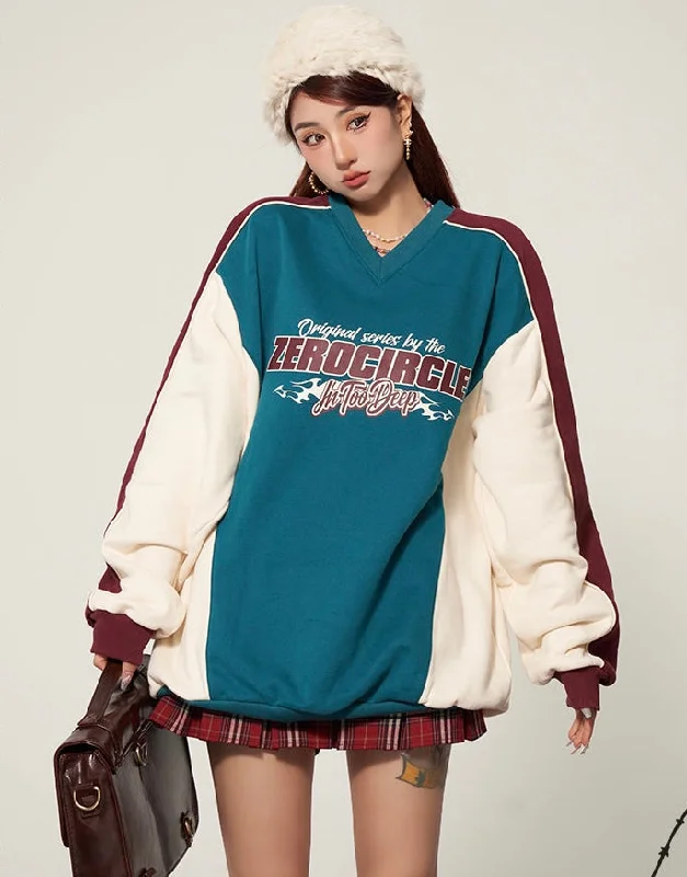 ZEROCIRCLE In Too Deep Letter Embroidery Patchwork Long Sleeve V-Neck Sweatshirt Hoodie with Color Block Contrast Stylish