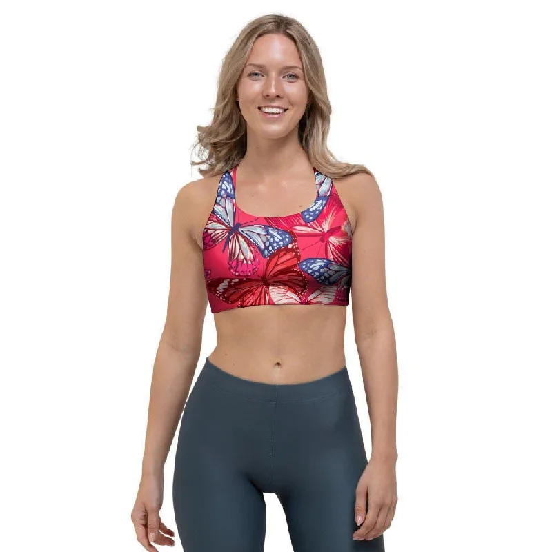 Red and Blue Butterfly Print Sports Bra Sexy Underwire Bra