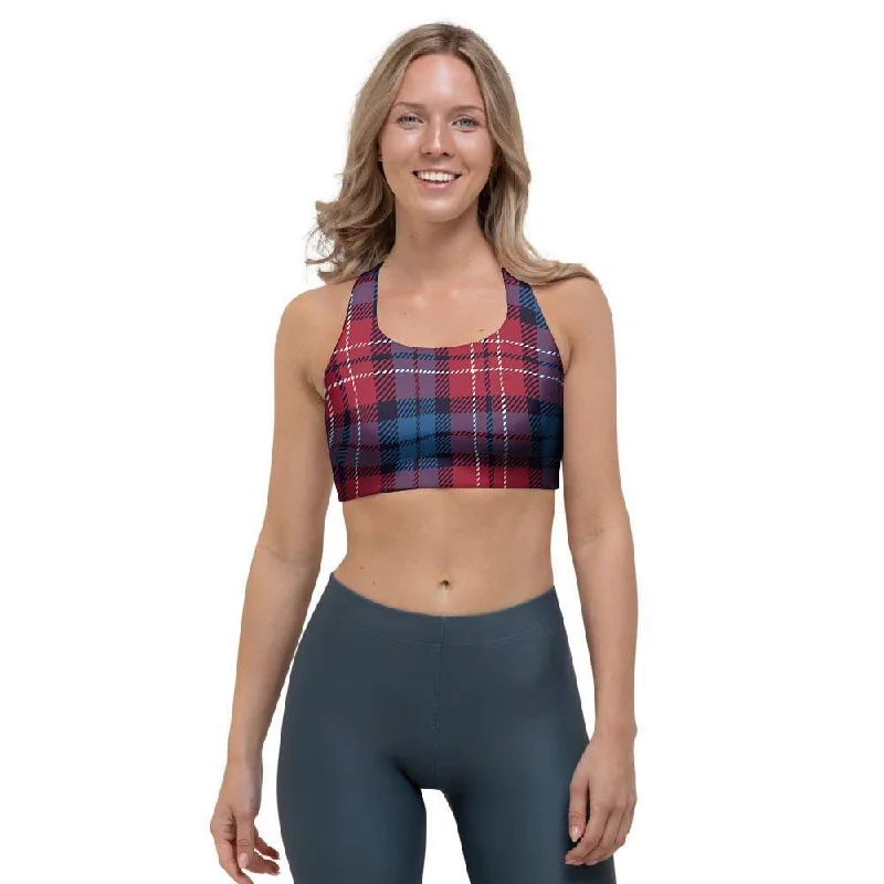 Red And Blue Plaid Tartan Sports Bra Adjustable Back Bra