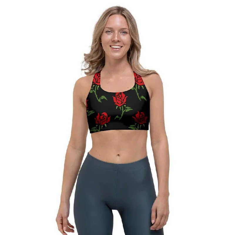 Red Doodle Rose Floral Sports Bra Active Support Bra