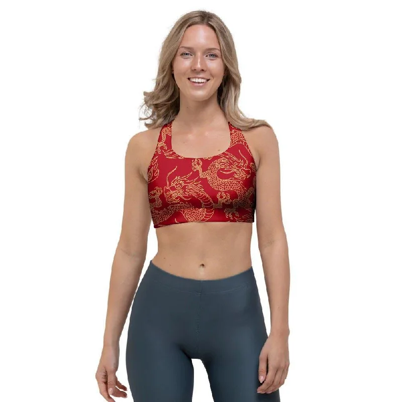 Red Oriental Chinese Dragon Sports Bra Wireless Push-Up Bra