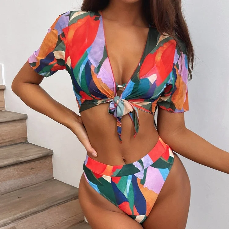 3 in 1 Square Print Bikini Ladies Split Swimsuit Set with Short Top (Color:Red Size:L) Push-Up Bikini Bottoms