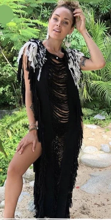 Handmade Frayed Maxi Beach Dress ANNA BARBAS Swim Cover Up, more colors Playful Pattern Swimsuit