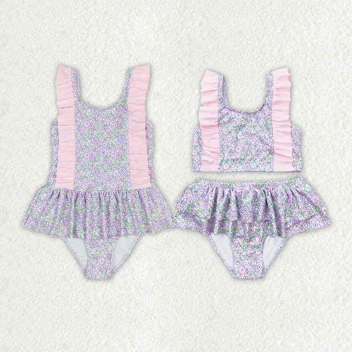 RTS Baby Girls Summer Lavender Flowers Sibling Sister Swimsuits Chic Beach Cover-Up