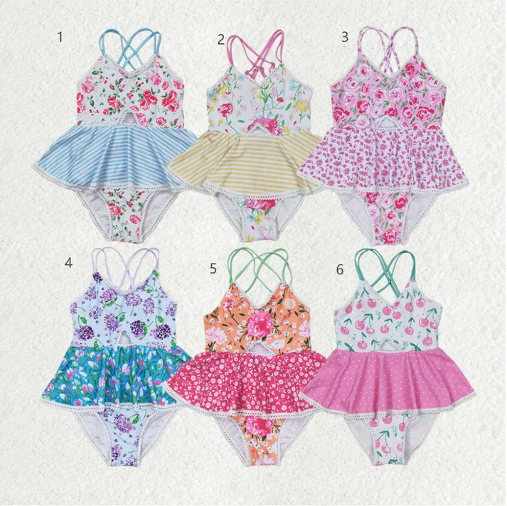 RTS NO MOQ Baby Girls Summer Ruffle One Piece Sibling Sister Swimsuits Reversible Bikini Set