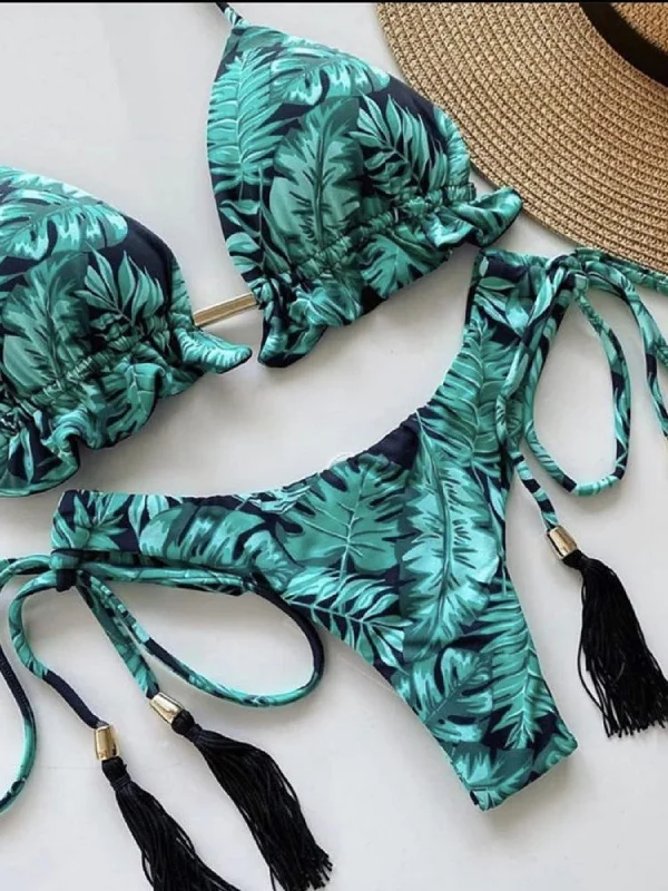 Tropical Print Two-Piece Female Sport Swimwear or Beachwear Floral Print Swimsuit