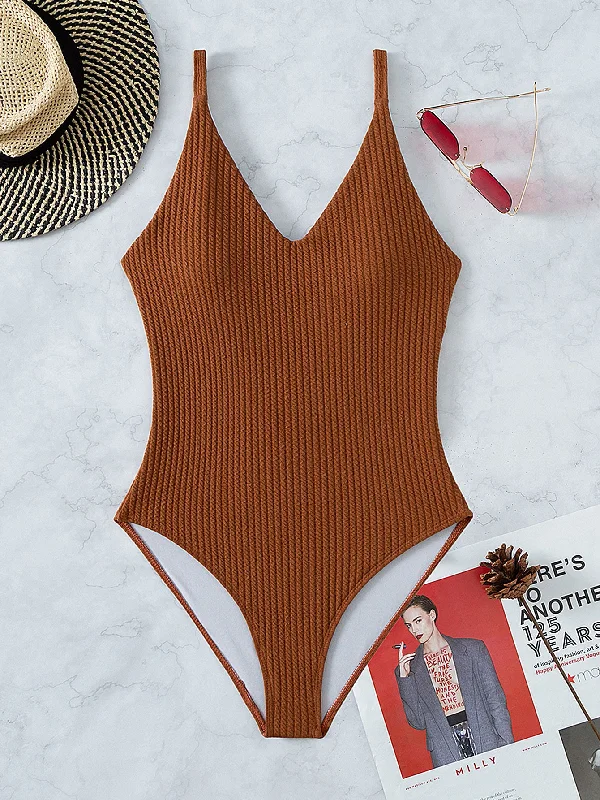 Solid Color Brown Sexy Women'S One-Piece Swimsuit Swim Dress with Belt