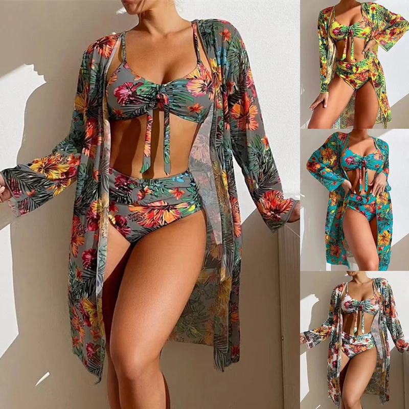 Women Fashion Floral Printing Bikini Mesh Cover-Up Three-Piece Bikini Swimwear Set Tie-Back Swimwear