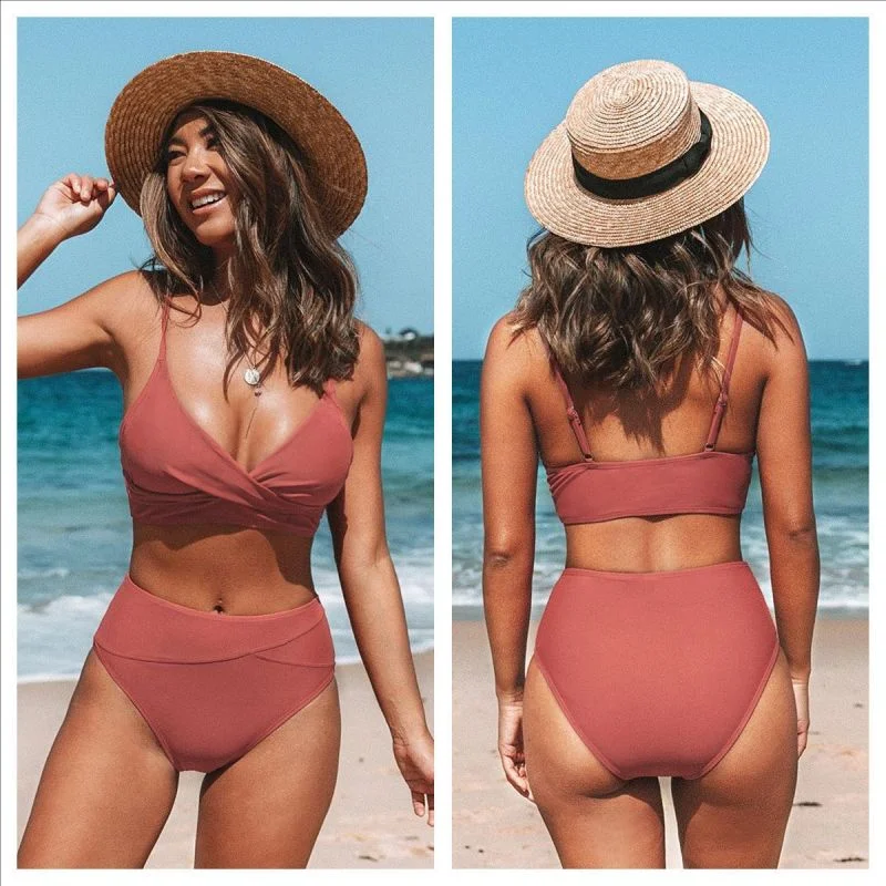 Women Fashion Solid Color Cross Two-Piece Swimsuit Trendy Swimsuit Bottoms