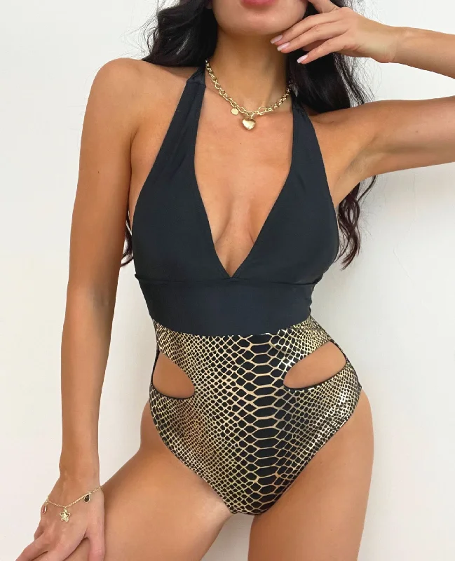 Women Sexy V-Neck Backless Graphic Printing Halter Neck One-Piece Swimsuit Comfortable Tankini Set