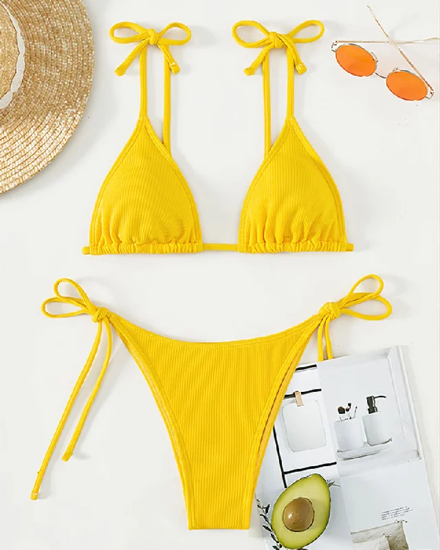 Women'S Sexy Backless Solid Color Lace-Up Triangle Cup Beach Swimsuit Two-Piece Set Lace-Detail Bikini Set