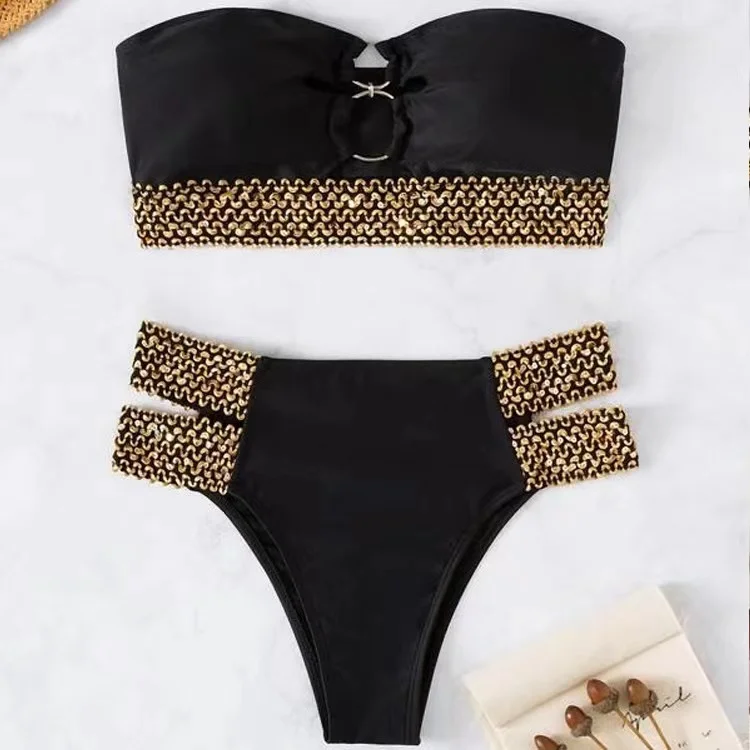 Women'S Sexy Hollow Chain Beach Swimsuit Two-Piece Set Strapless Swimsuit Top