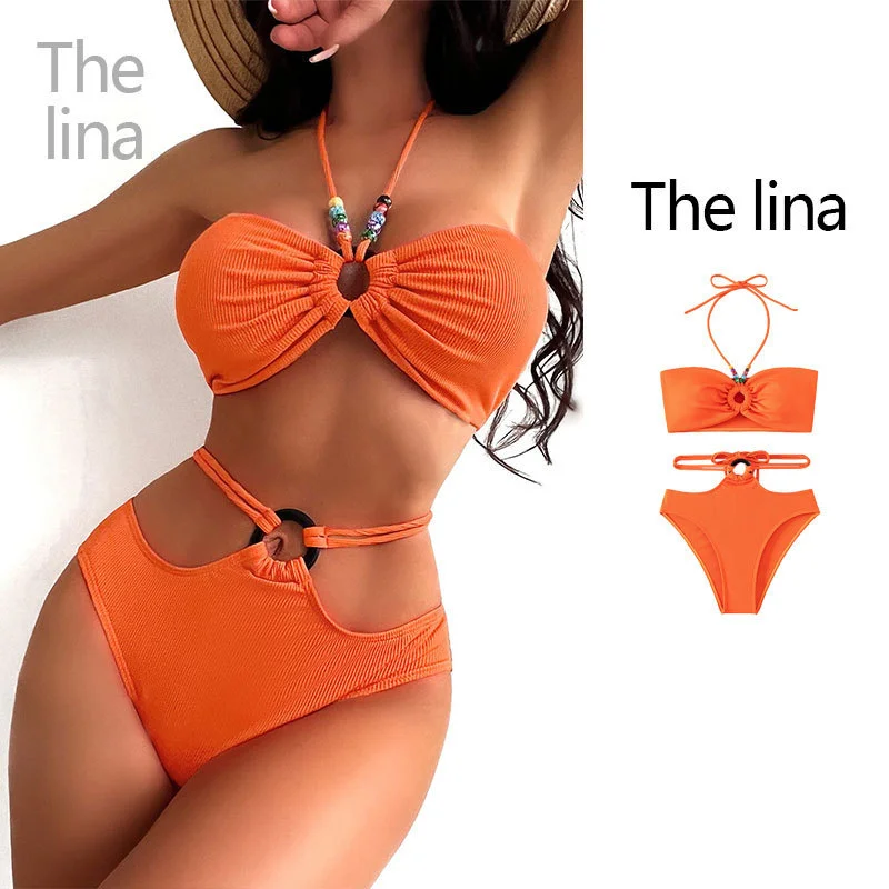 Women'S Sexy Small Chest Push Up Halter Neck Swimsuit Two-Piece Set Bold High-Cut Bikini