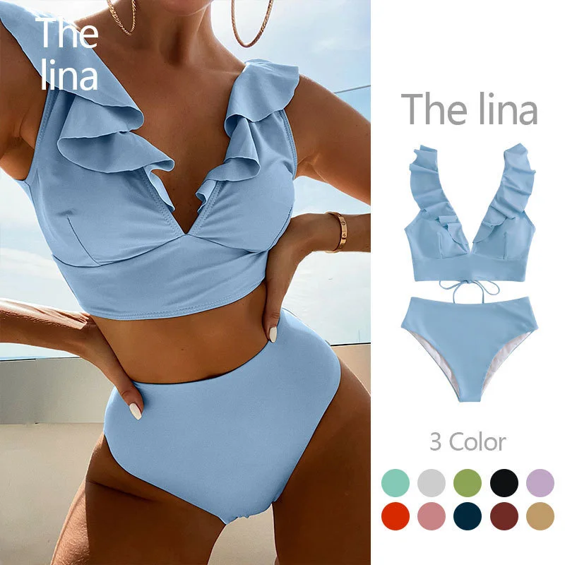 Women'S Sexy Solid Color Pleated Lace Double Strap Button Up Swimsuit Two-Piece Set Mesh Detail Bikini