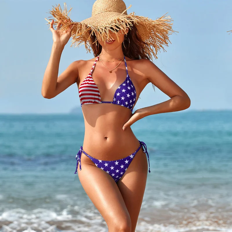 Women'S Sexy Summer Vacation Star Stripe Flag 3d Print Swimsuit Two-Piece Bikini Set Sexy Two-Piece Set