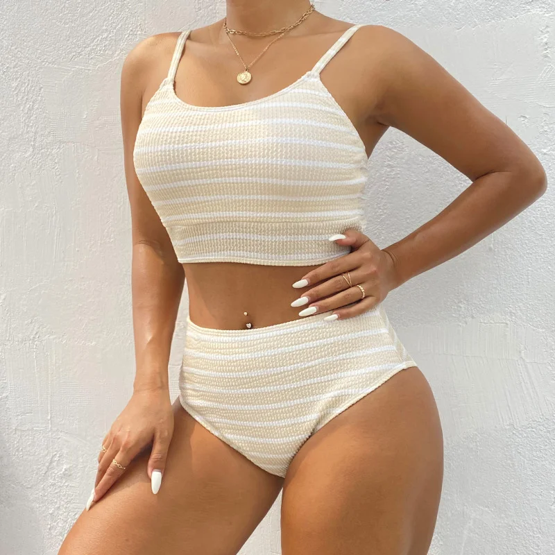 Women'S Simple Stripe Backless Swimsuit Two-Piece Set High-Waisted Swimwear