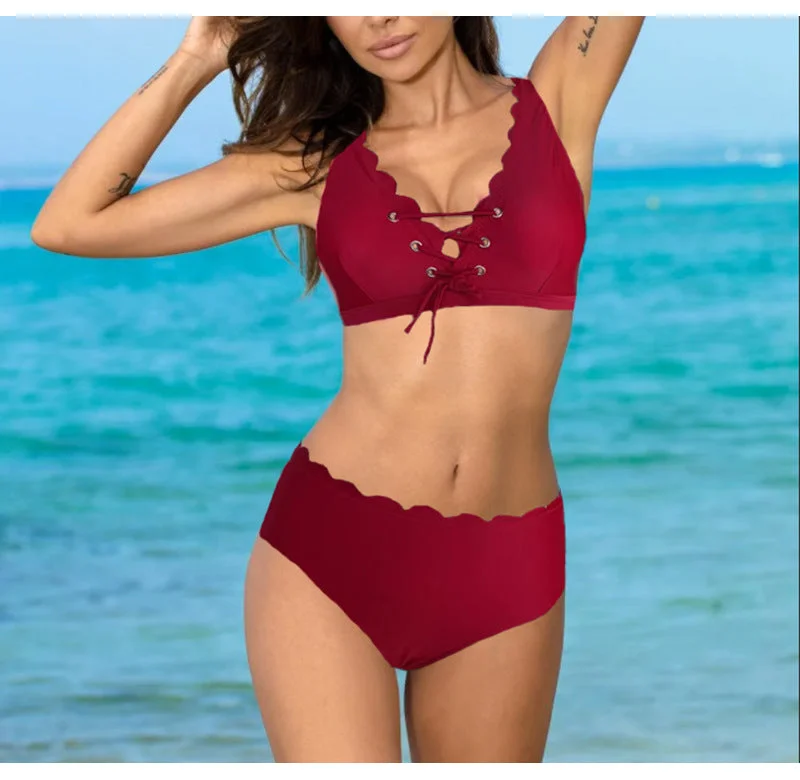 Women's Solid Color Gathering Split Swimsuit Halter Top Bikini