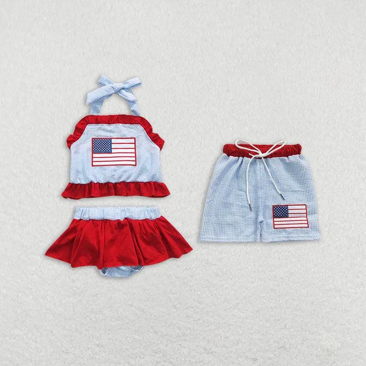 Baby Girls boys small flag print red and blue boys and girls swimsuit set Family siblings set Soft Beachwear Set