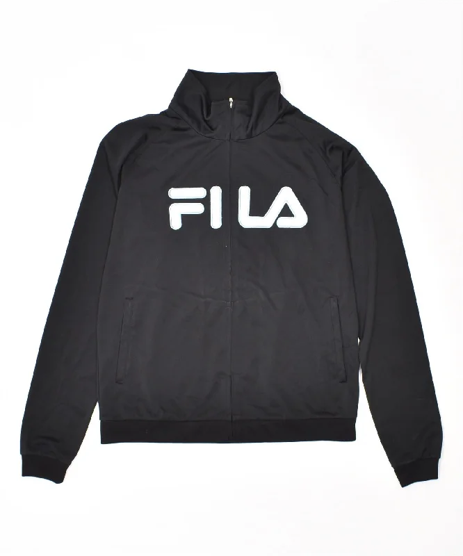 FILA Womens Graphic Tracksuit Top Jacket UK 12 Medium Black Polyester Notch Collar Jacket Peter Pan Collar Jacket Cowl Neck Jacket