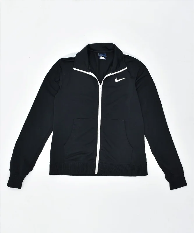 NIKE Womens Tracksuit Top Jacket UK 6 XS Black Polyester Denim Fabric Leather Fabric Suede Fabric