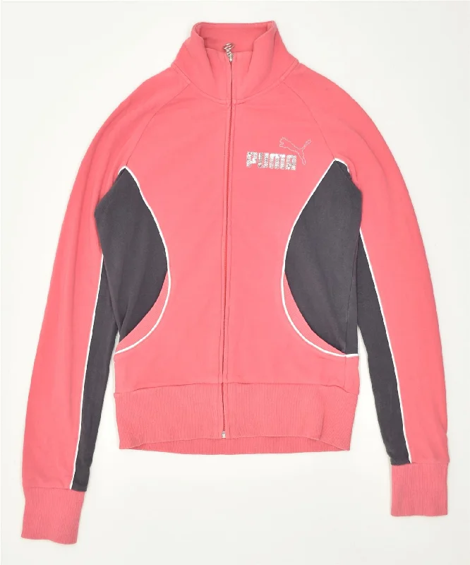 PUMA Womens Tracksuit Top Jacket UK 10 Small Pink Colourblock Notch Collar Peter Pan Collar Cowl Neck