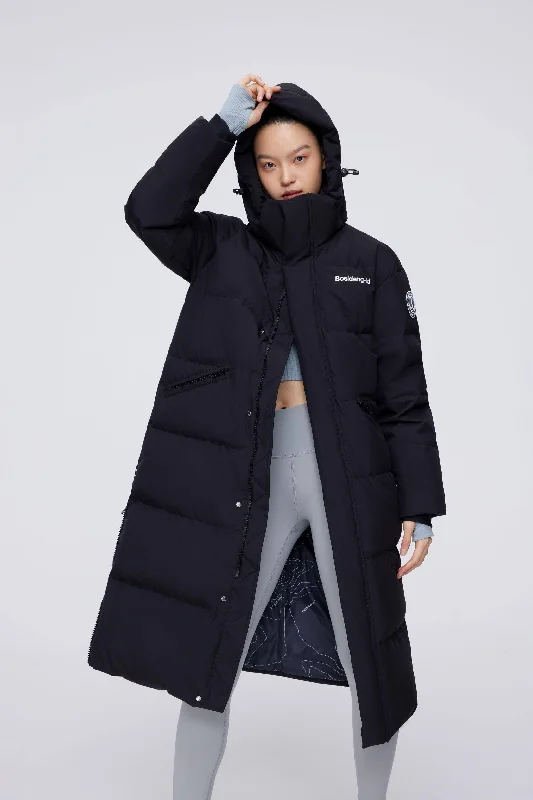 Classic Full Length Down Jacket Front Pockets Side Pockets Patch Pockets