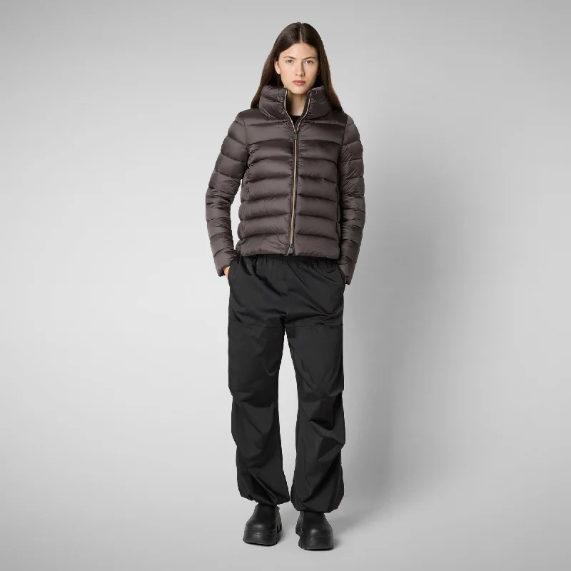 Women's Animal free Puffer Jacket Elsie  in Brown Black Knit Fabric Woven Fabric Fleece Fabric