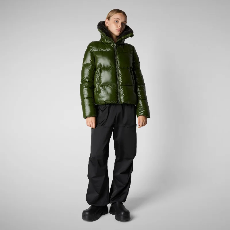 Women's Animal free Puffer Jacket Moma  with Faux Fur Lining in Pine Green Zippered Jacket Buttoned Jacket Snapped Jacket