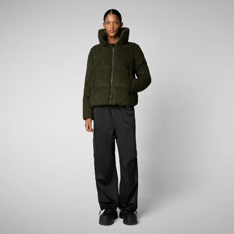 Women's Animal free Puffer Jacket Annika in LAND GREEN Zippered Front Buttoned Front Snap Front