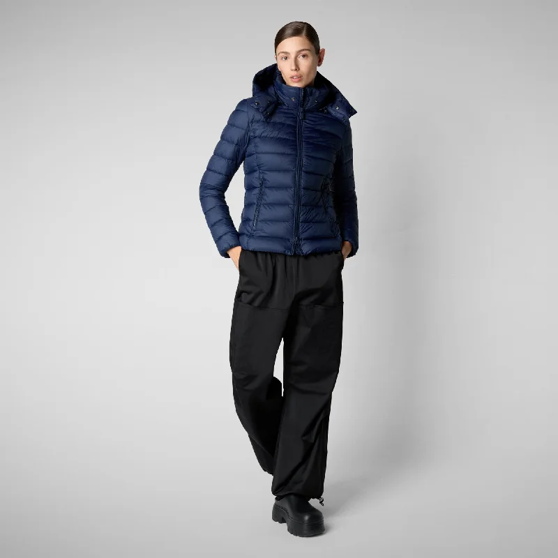 Women's Animal free Puffer Jacket Amelie  with Detachable Hood in Navy Blue Nylon Jacket Polyester Jacket Spandex Jacket