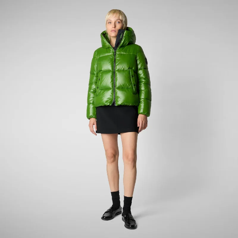 Women's Hooded Animal free Puffer Jacket Biddy in Grass Green Plaid Jacket Tartan Jacket Houndstooth Jacket