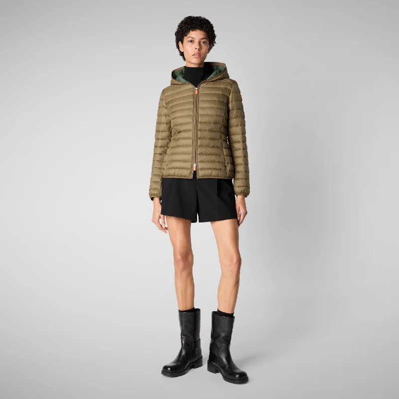 Women's Daisy Hooded Puffer Jacket in Husk Green Herringbone Jacket Checkered Jacket Solid Jacket