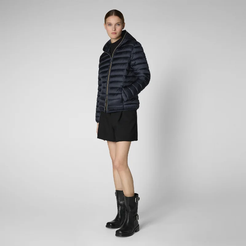 Women's Hooded Animal free Puffer Jacket Alexis in  Blue Black Herringbone Jacket Houndstooth Jacket Plaid Jacket