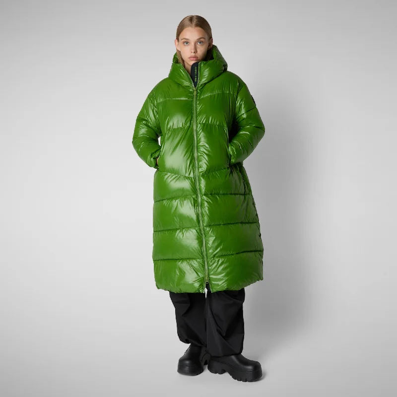 Women's animal free hooded Animal free Puffer jacket Clarice in GRASS GREEN Welt Pockets Slit Pockets Flap Pockets